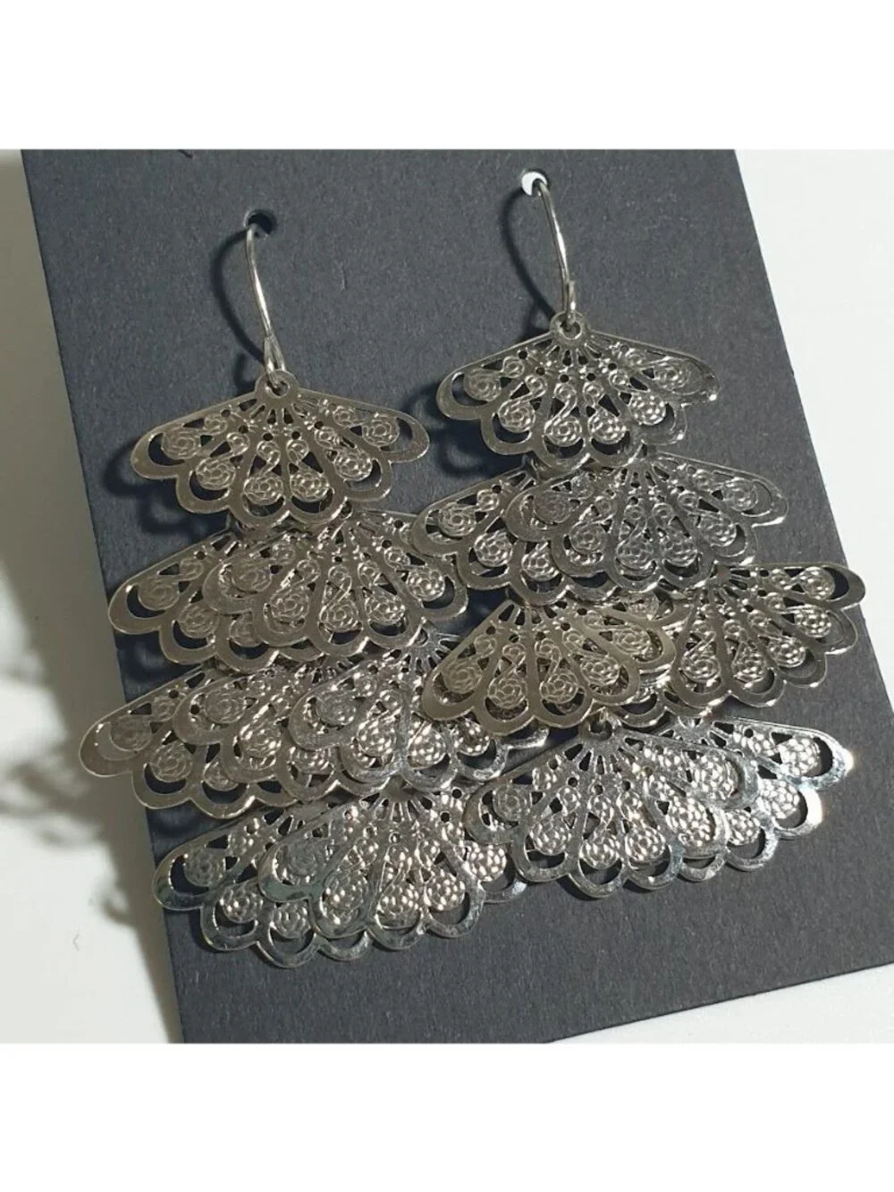 Silver Tiered Filigree Dangle Earrings Lightweight Drop Statement Jewelry Gift
